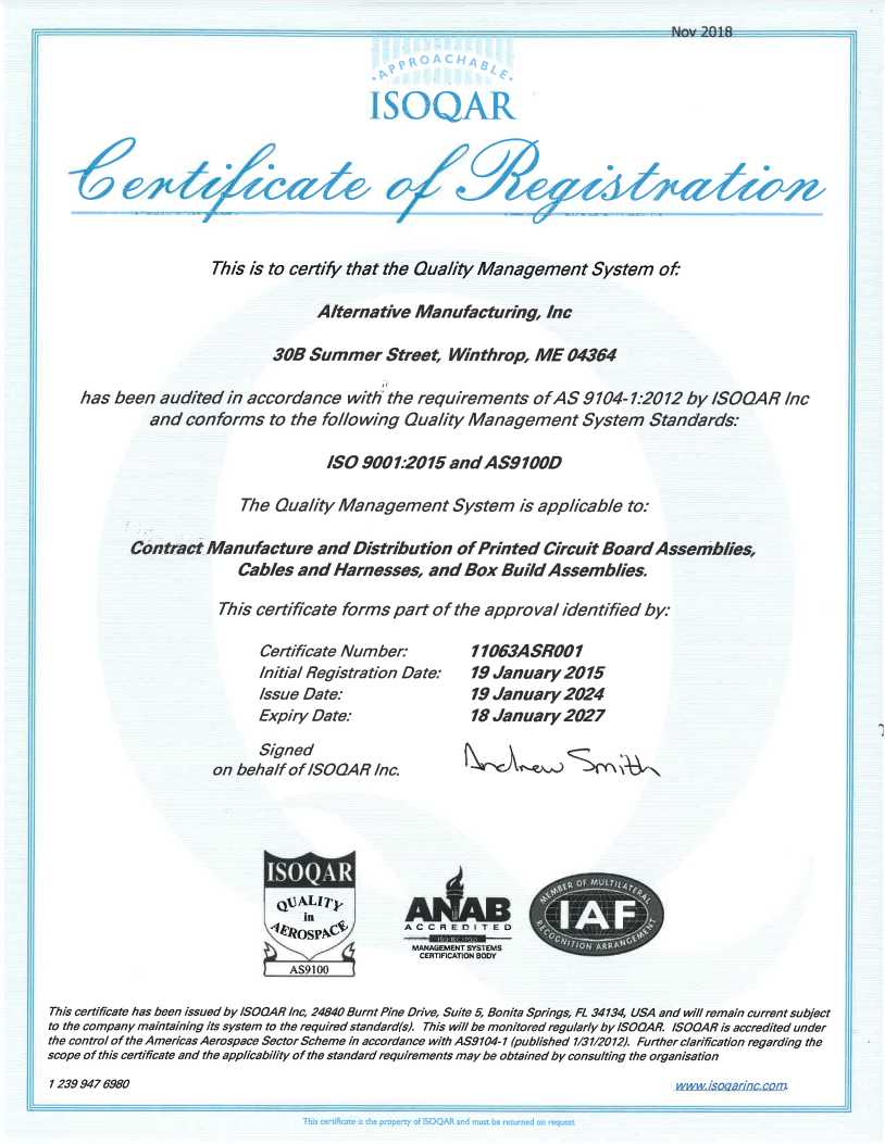 Certifications | Alternative Manufacturing Inc. | Augusta, Maine